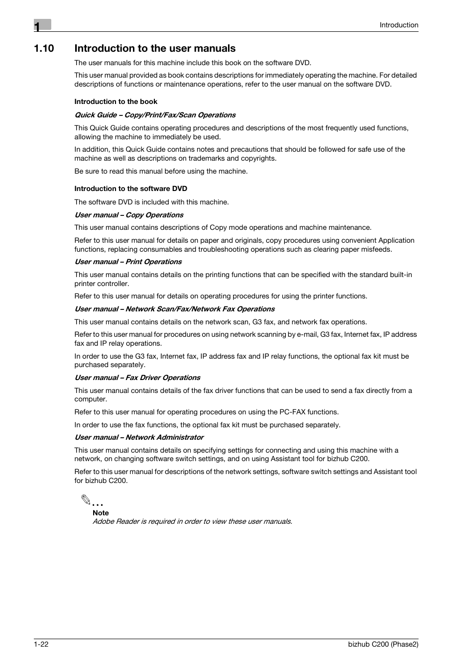 10 introduction to the user manuals, Introduction to the book, Introduction to the software dvd | Introduction to the user manuals -22 | Konica Minolta bizhub C200 User Manual | Page 26 / 204