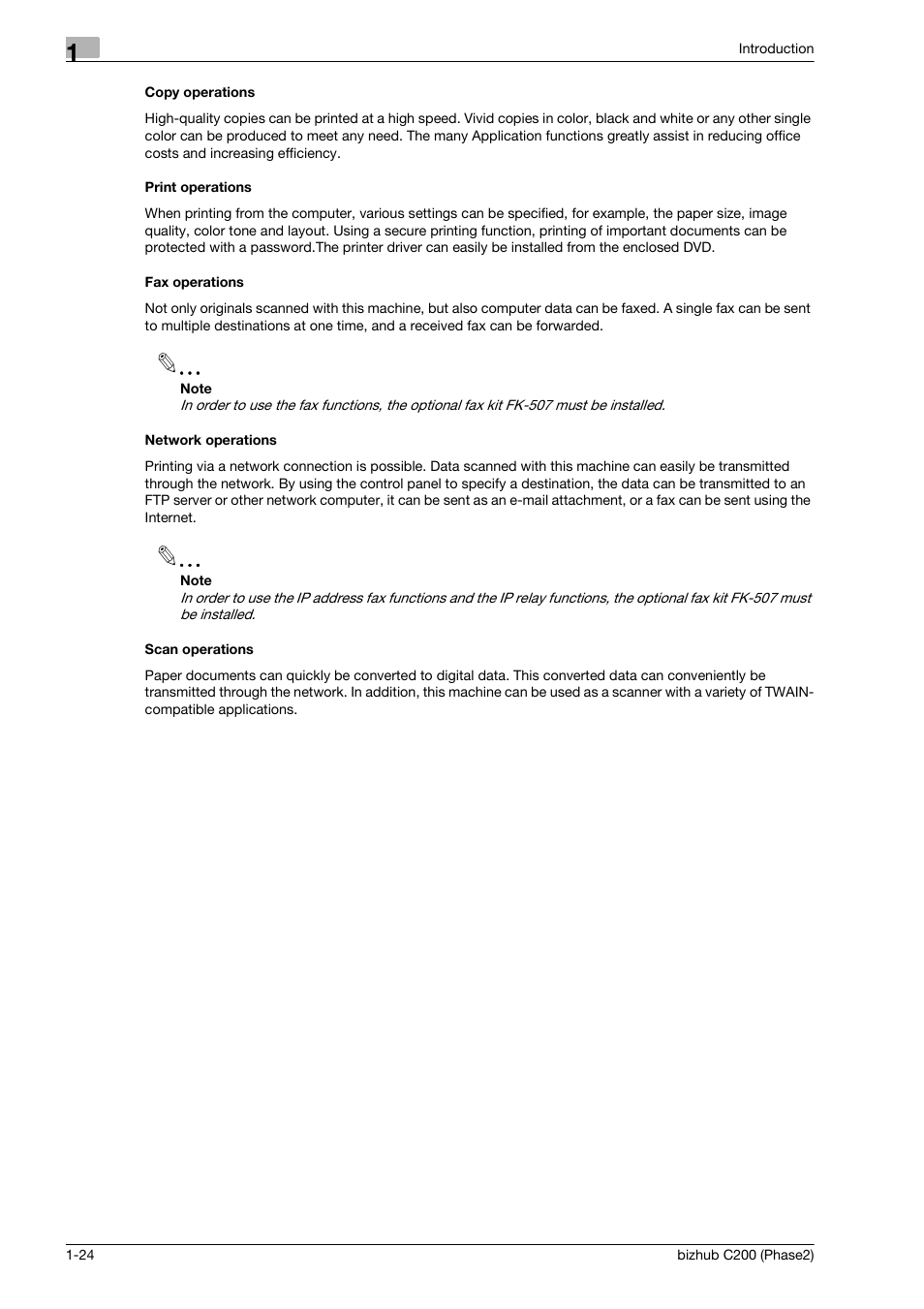 Copy operations, Print operations, Fax operations | Network operations, Scan operations | Konica Minolta bizhub C200 User Manual | Page 28 / 204