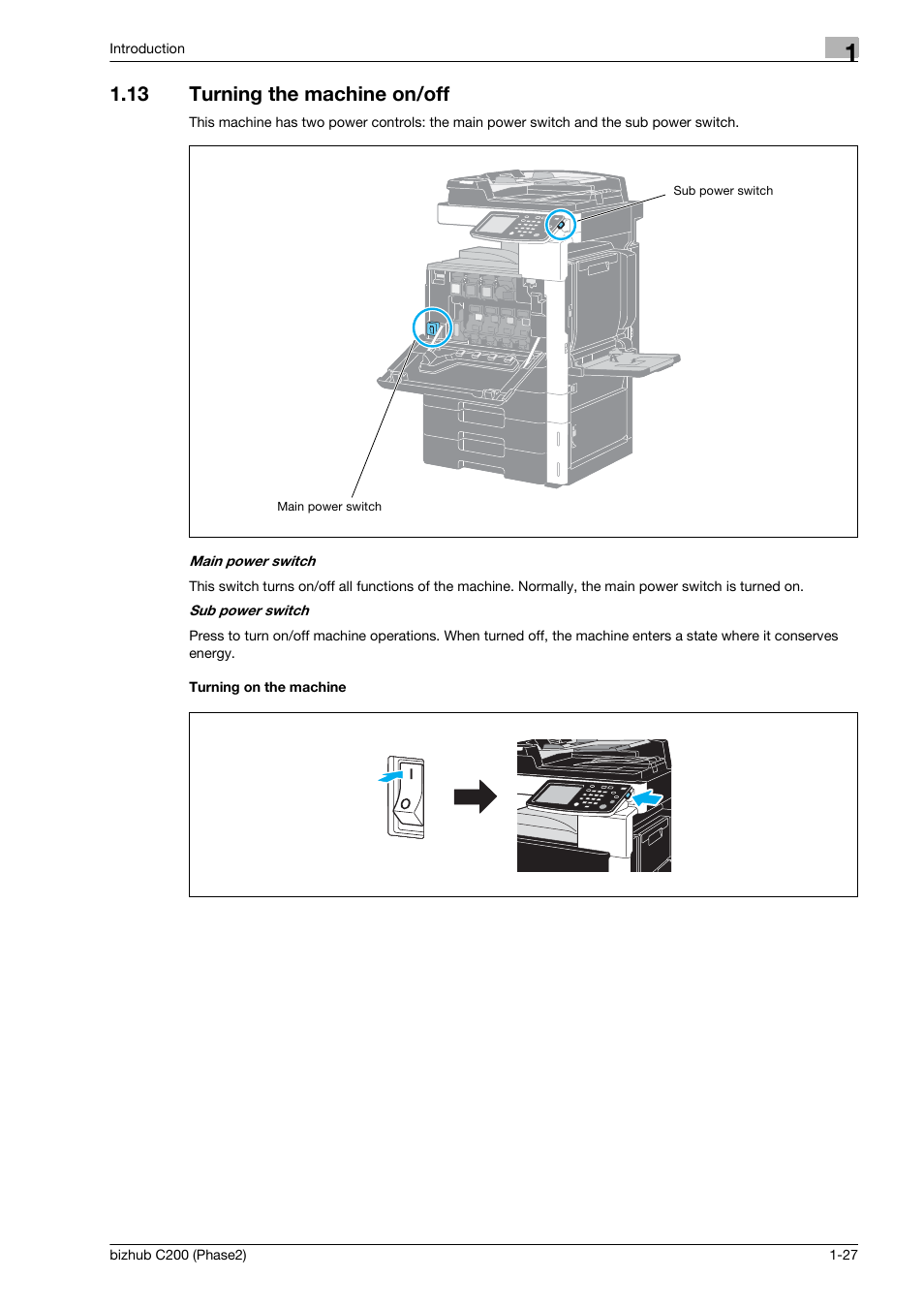 13 turning the machine on/off, Turning on the machine, Turning the machine on/off -27 | Konica Minolta bizhub C200 User Manual | Page 31 / 204