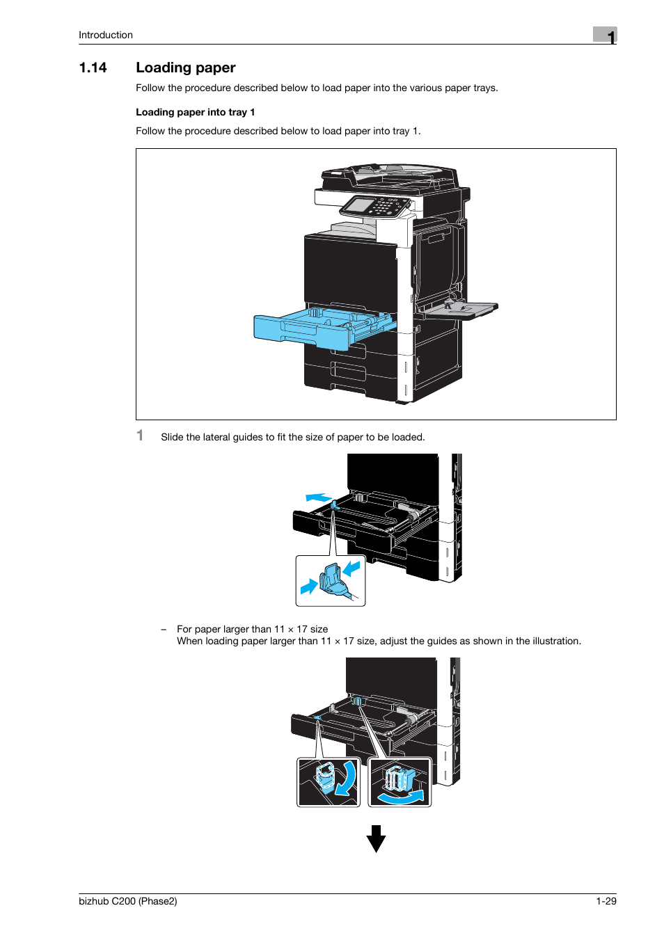 14 loading paper, Loading paper into tray 1, Loading paper -29 | Konica Minolta bizhub C200 User Manual | Page 33 / 204