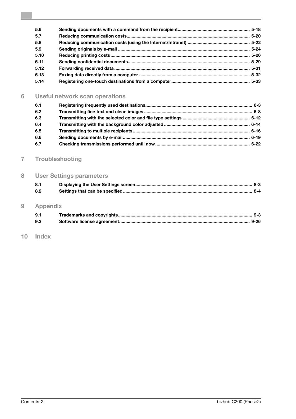 6useful network scan operations, 7troubleshooting 8 user settings parameters, 9appendix | 10 index | Konica Minolta bizhub C200 User Manual | Page 4 / 204