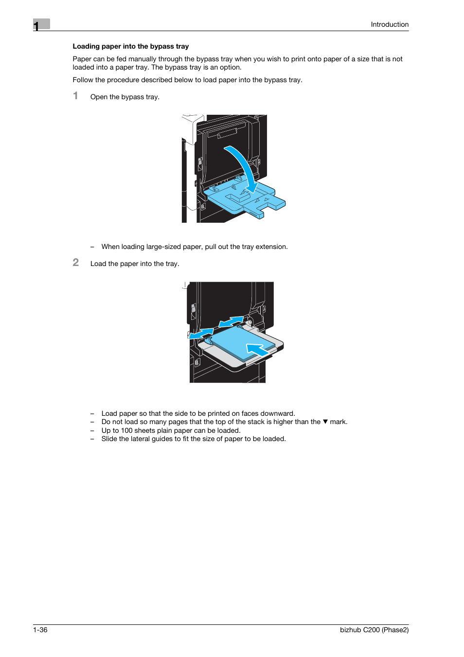 Loading paper into the bypass tray | Konica Minolta bizhub C200 User Manual | Page 40 / 204