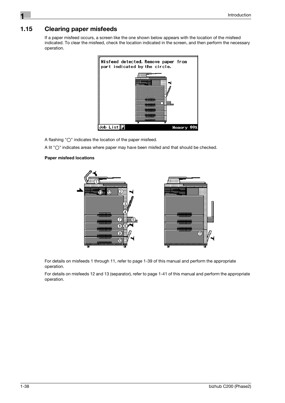 15 clearing paper misfeeds, Paper misfeed locations, Clearing paper misfeeds -38 | Konica Minolta bizhub C200 User Manual | Page 42 / 204