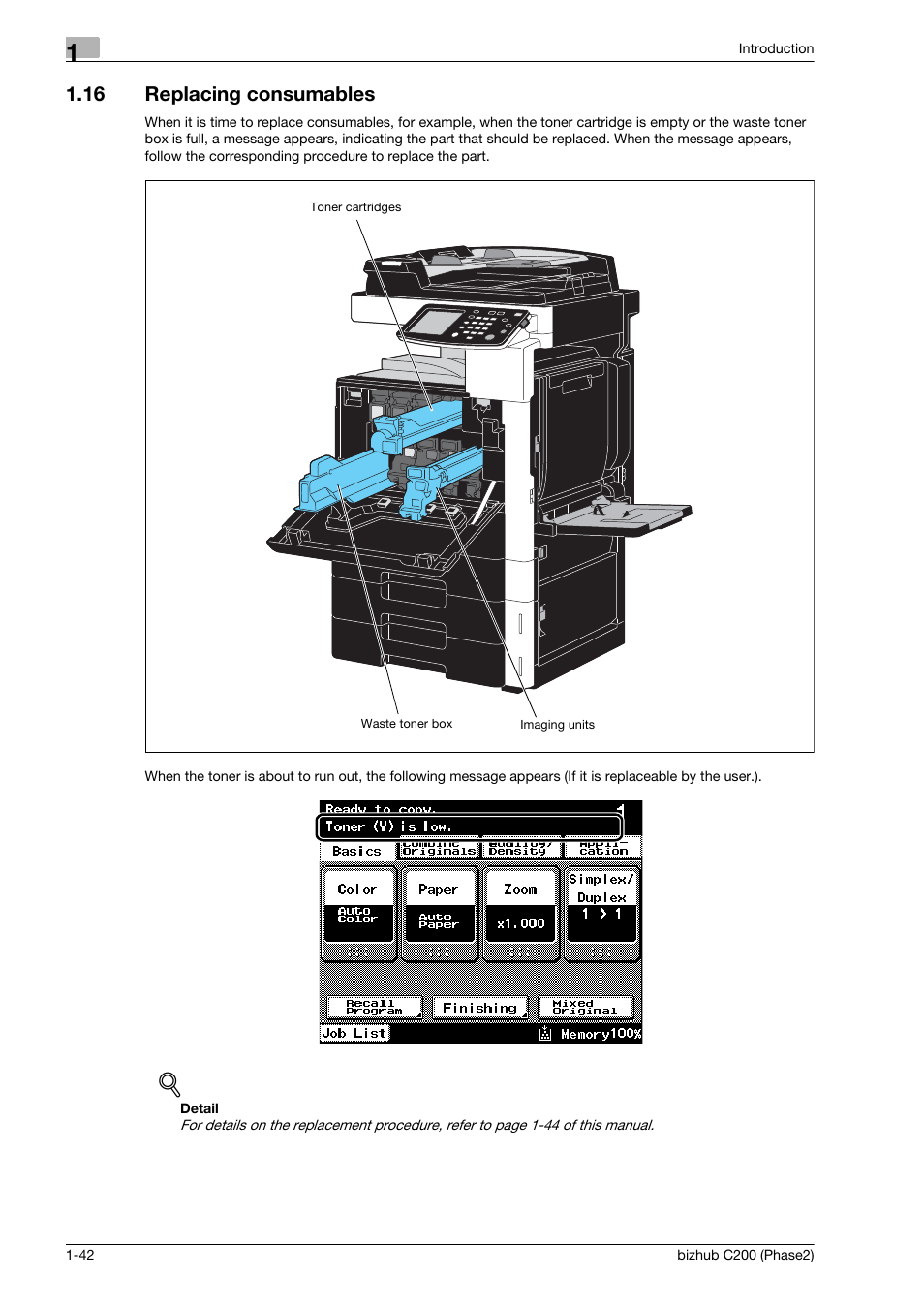 16 replacing consumables, Replacing consumables -42 | Konica Minolta bizhub C200 User Manual | Page 46 / 204