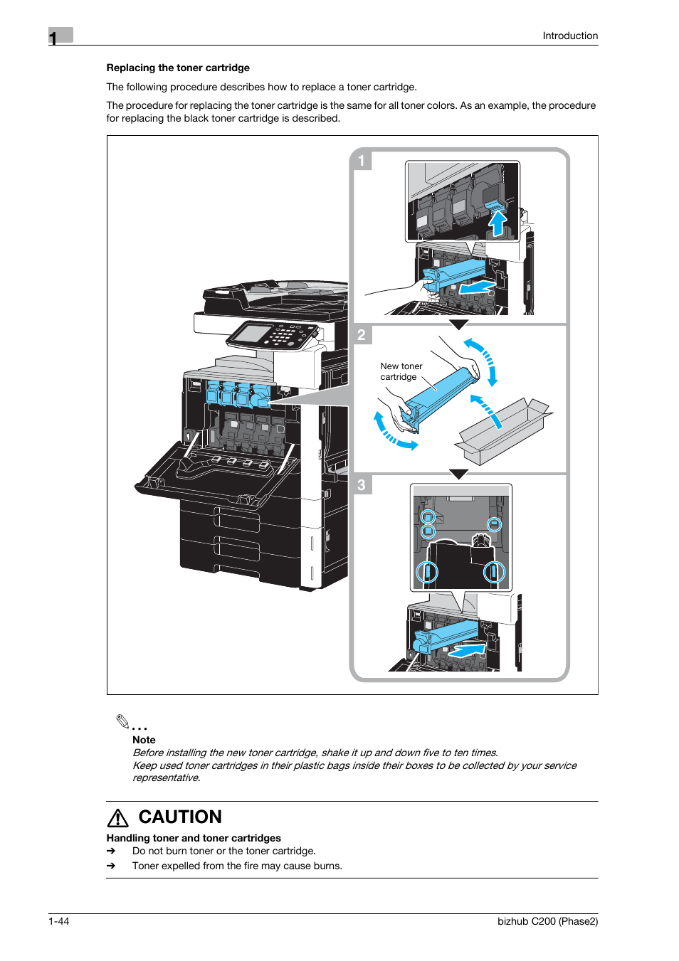 Replacing the toner cartridge, 7 caution | Konica Minolta bizhub C200 User Manual | Page 48 / 204