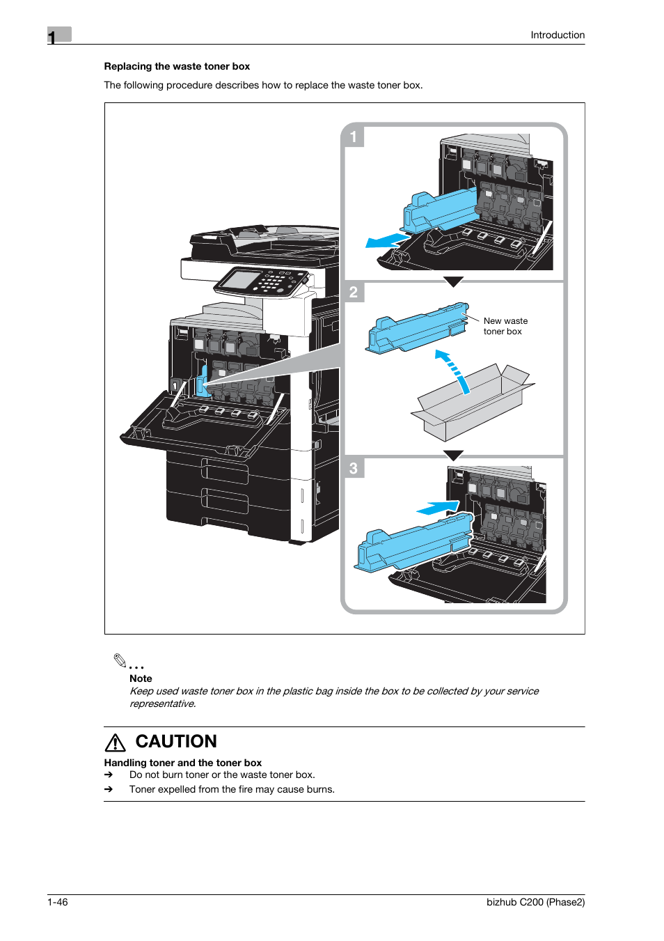 Replacing the waste toner box, 7 caution | Konica Minolta bizhub C200 User Manual | Page 50 / 204