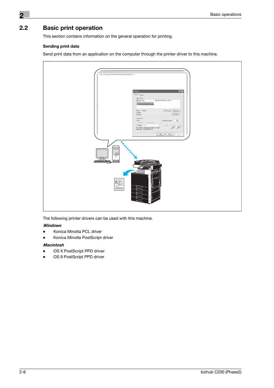 2 basic print operation, Sending print data, Basic print operation -6 | Konica Minolta bizhub C200 User Manual | Page 62 / 204