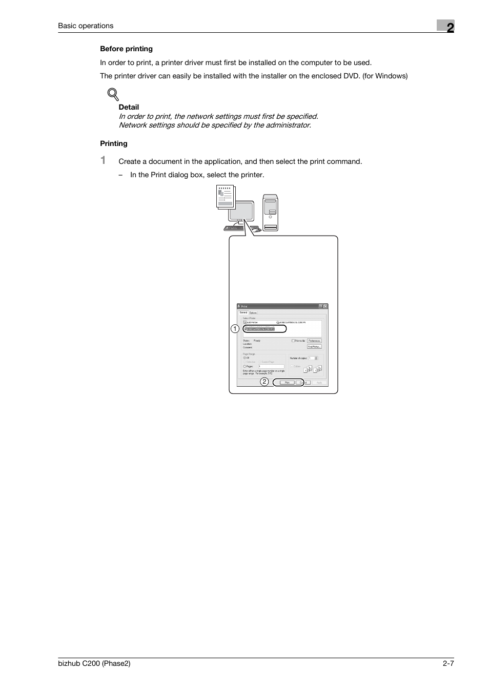 Before printing, Printing | Konica Minolta bizhub C200 User Manual | Page 63 / 204
