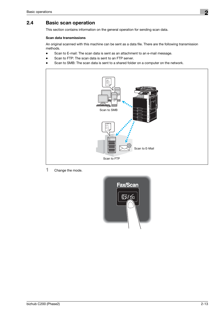 4 basic scan operation, Scan data transmissions, Basic scan operation -13 | Konica Minolta bizhub C200 User Manual | Page 69 / 204