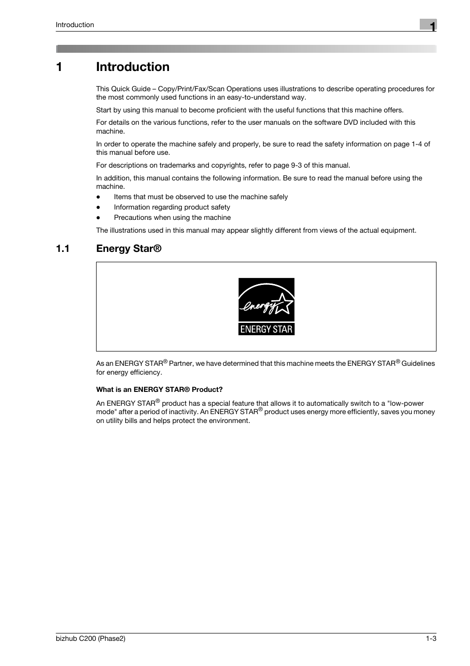 1 introduction, 1 energy star, What is an energy star® product | Introduction, Energy star® -3, 1introduction | Konica Minolta bizhub C200 User Manual | Page 7 / 204