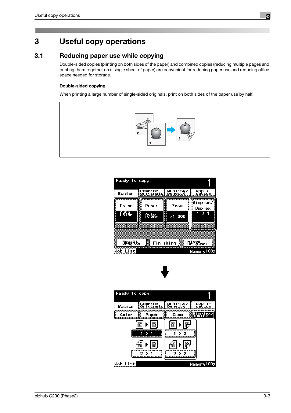 3 useful copy operations, 1 reducing paper use while copying, Double-sided copying | Useful copy operations, Reducing paper use while copying -3, 3useful copy operations | Konica Minolta bizhub C200 User Manual | Page 75 / 204