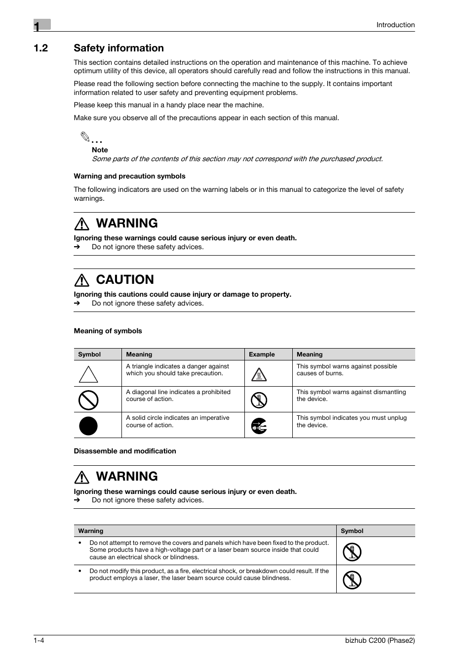 2 safety information, Warning and precaution symbols, Meaning of symbols | Disassemble and modification, Safety information -4, 7 warning, 7 caution | Konica Minolta bizhub C200 User Manual | Page 8 / 204