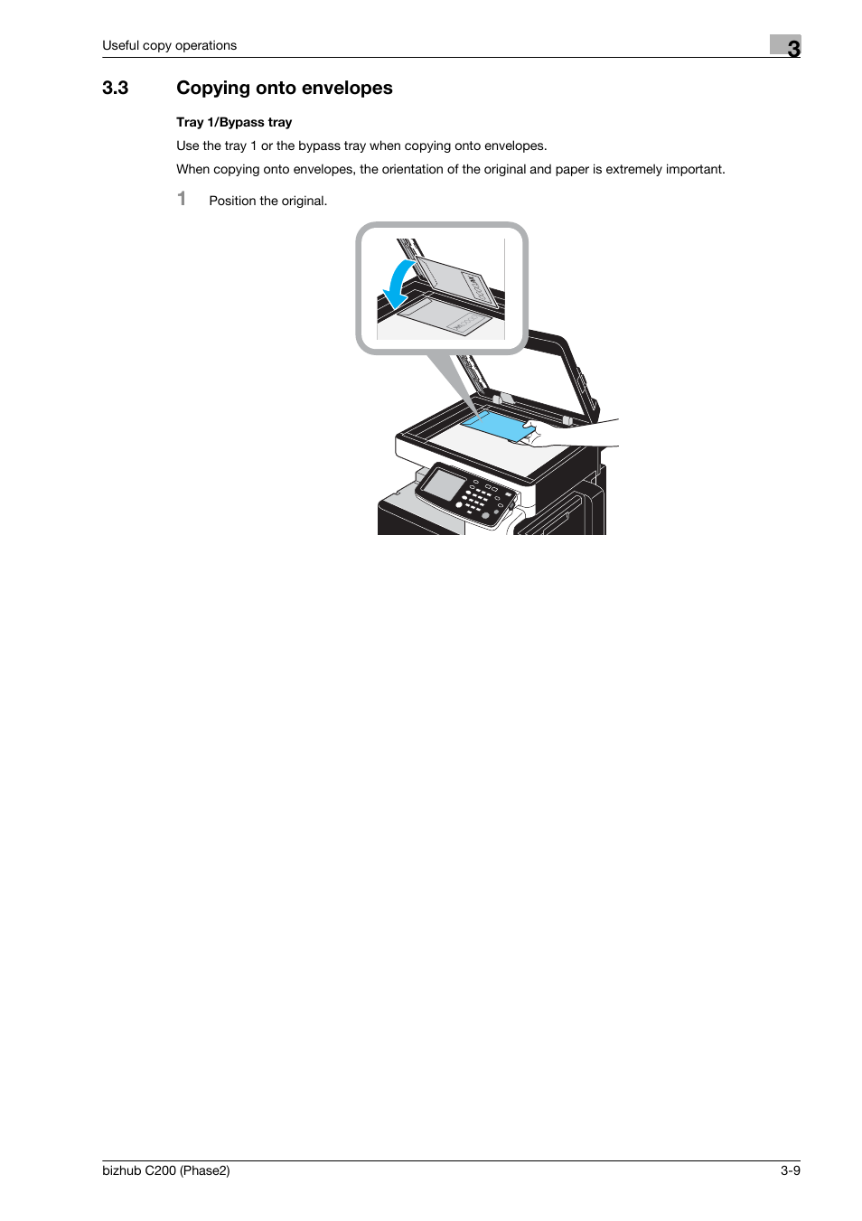 3 copying onto envelopes, Tray 1/bypass tray, Copying onto envelopes -9 | Konica Minolta bizhub C200 User Manual | Page 81 / 204