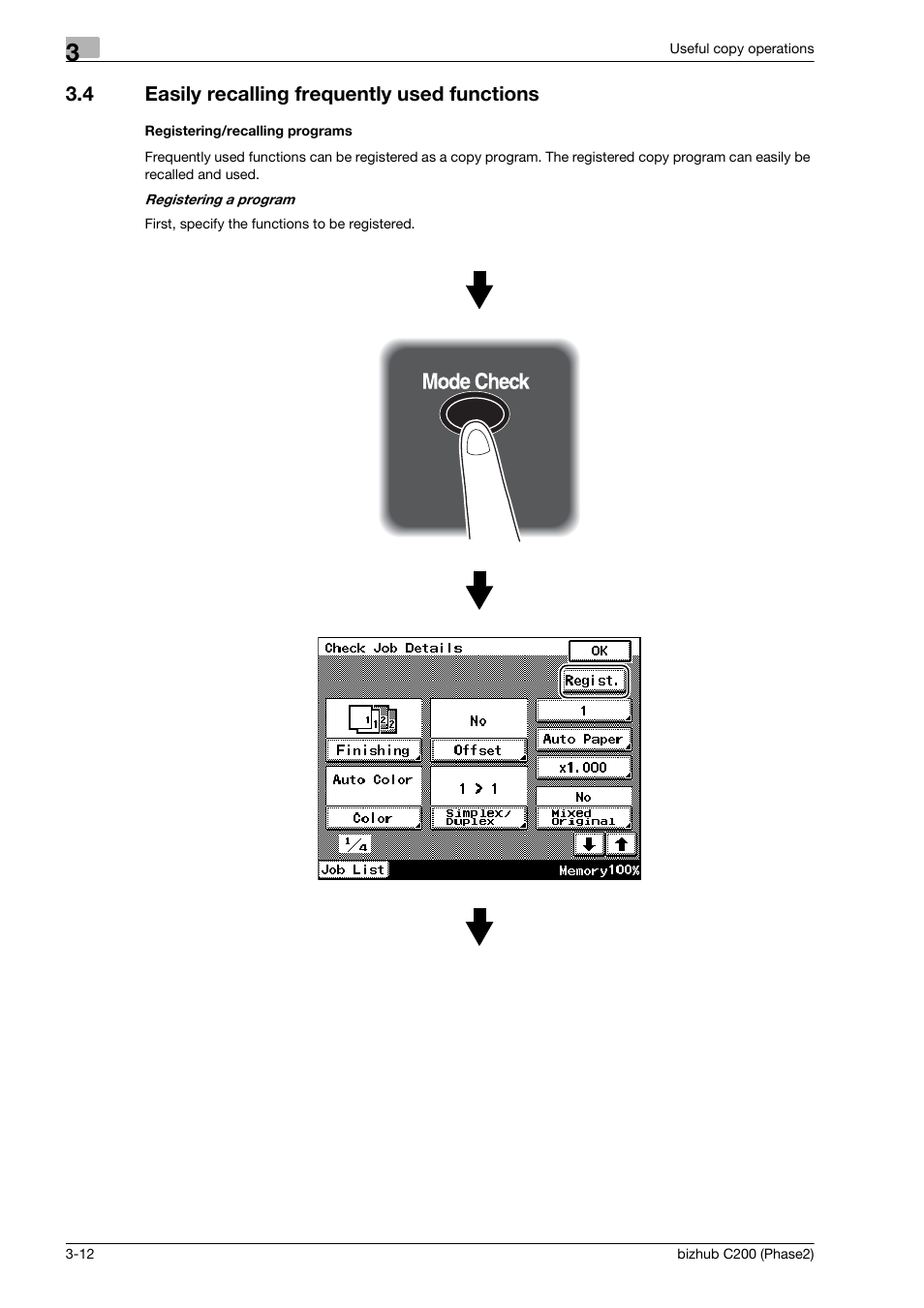 4 easily recalling frequently used functions, Registering/recalling programs, Easily recalling frequently used functions -12 | Konica Minolta bizhub C200 User Manual | Page 84 / 204