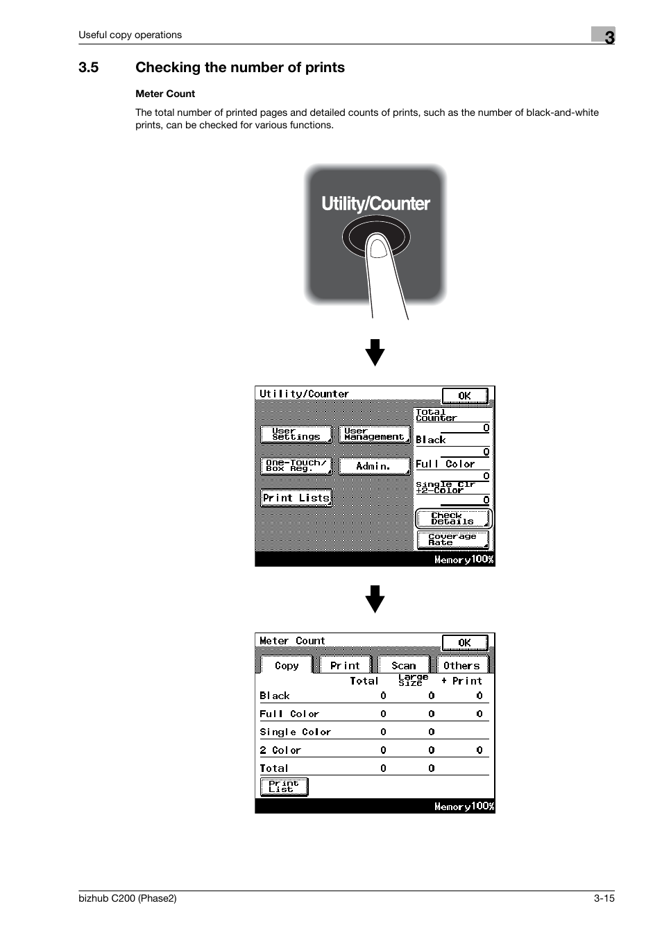 5 checking the number of prints, Meter count, Checking the number of prints -15 | Konica Minolta bizhub C200 User Manual | Page 87 / 204