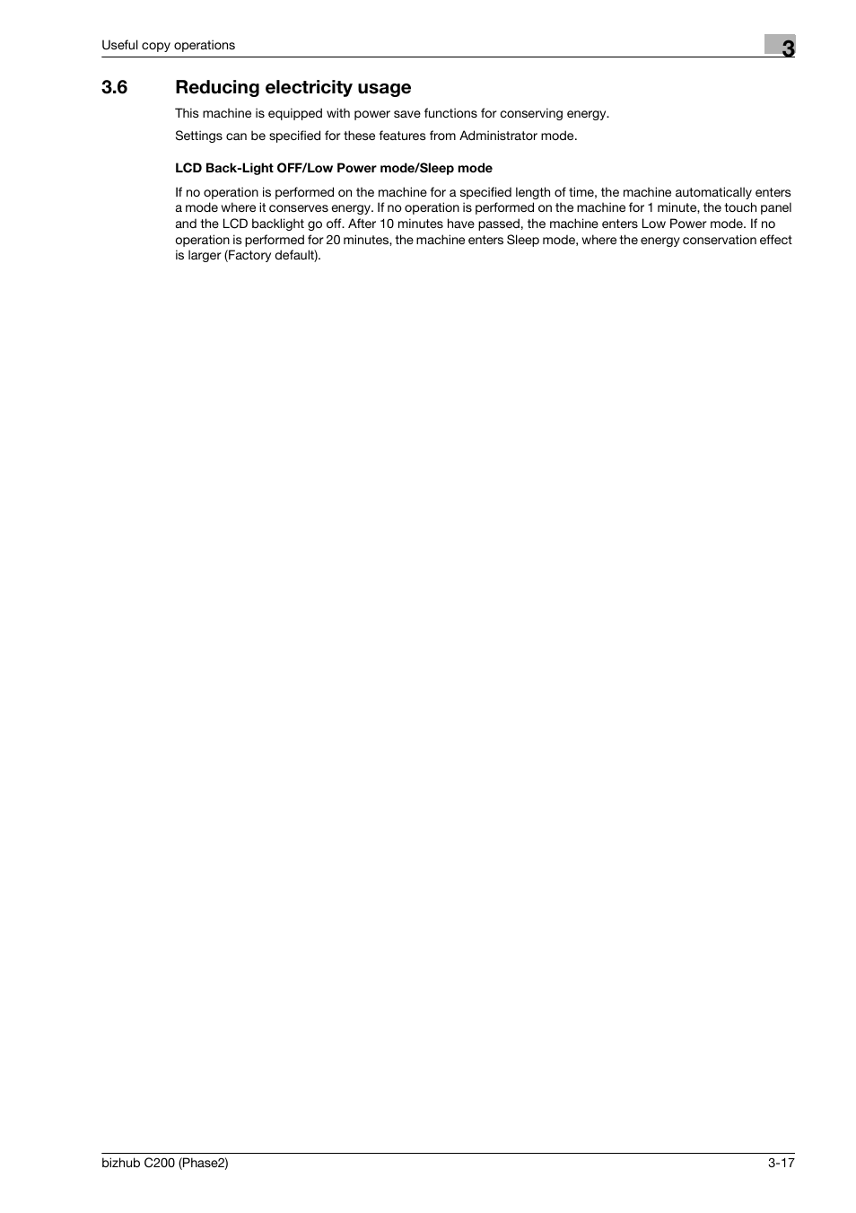 6 reducing electricity usage, Lcd back-light off/low power mode/sleep mode, Reducing electricity usage -17 | Konica Minolta bizhub C200 User Manual | Page 89 / 204