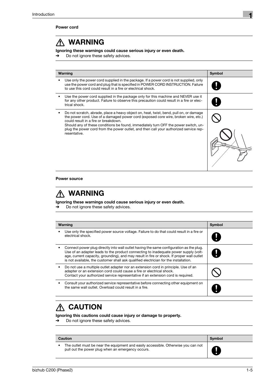 Power cord, Power source, 7 warning | 7 caution | Konica Minolta bizhub C200 User Manual | Page 9 / 204