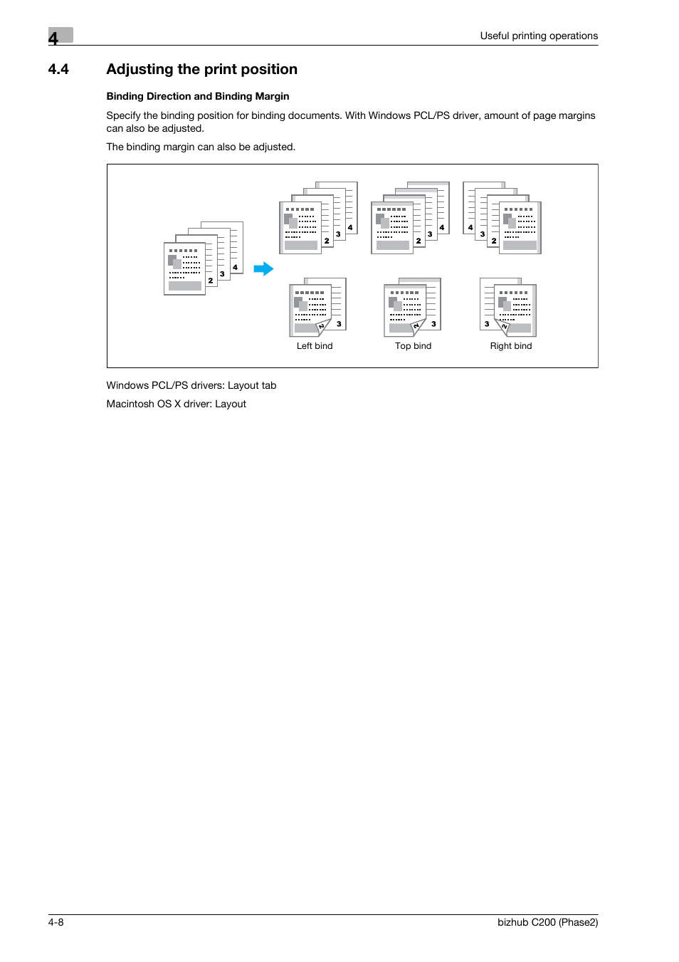 4 adjusting the print position, Binding direction and binding margin, Adjusting the print position -8 | Konica Minolta bizhub C200 User Manual | Page 98 / 204