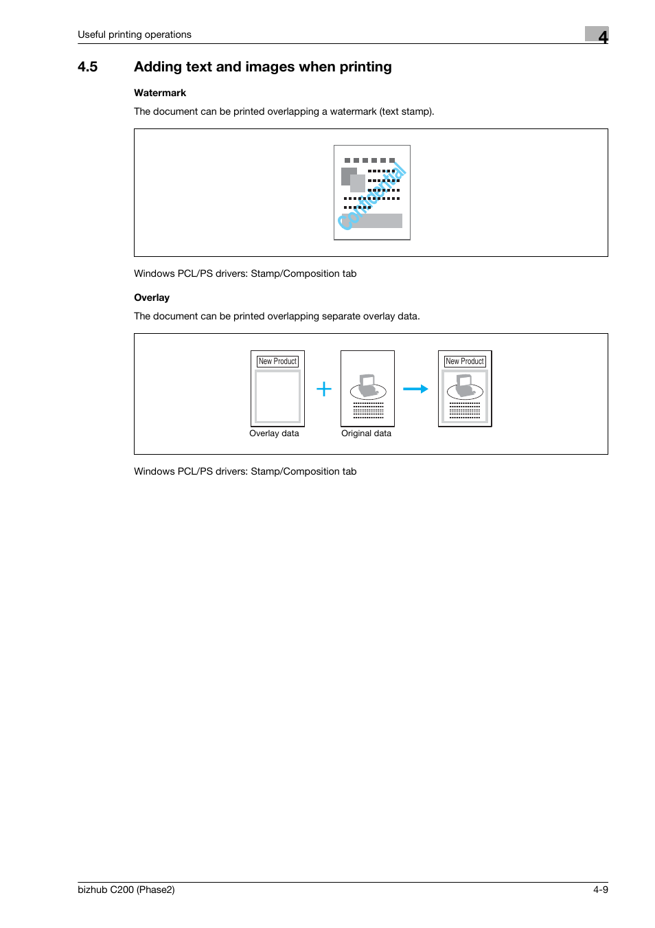 5 adding text and images when printing, Watermark, Overlay | Adding text and images when printing -9, Confidential | Konica Minolta bizhub C200 User Manual | Page 99 / 204