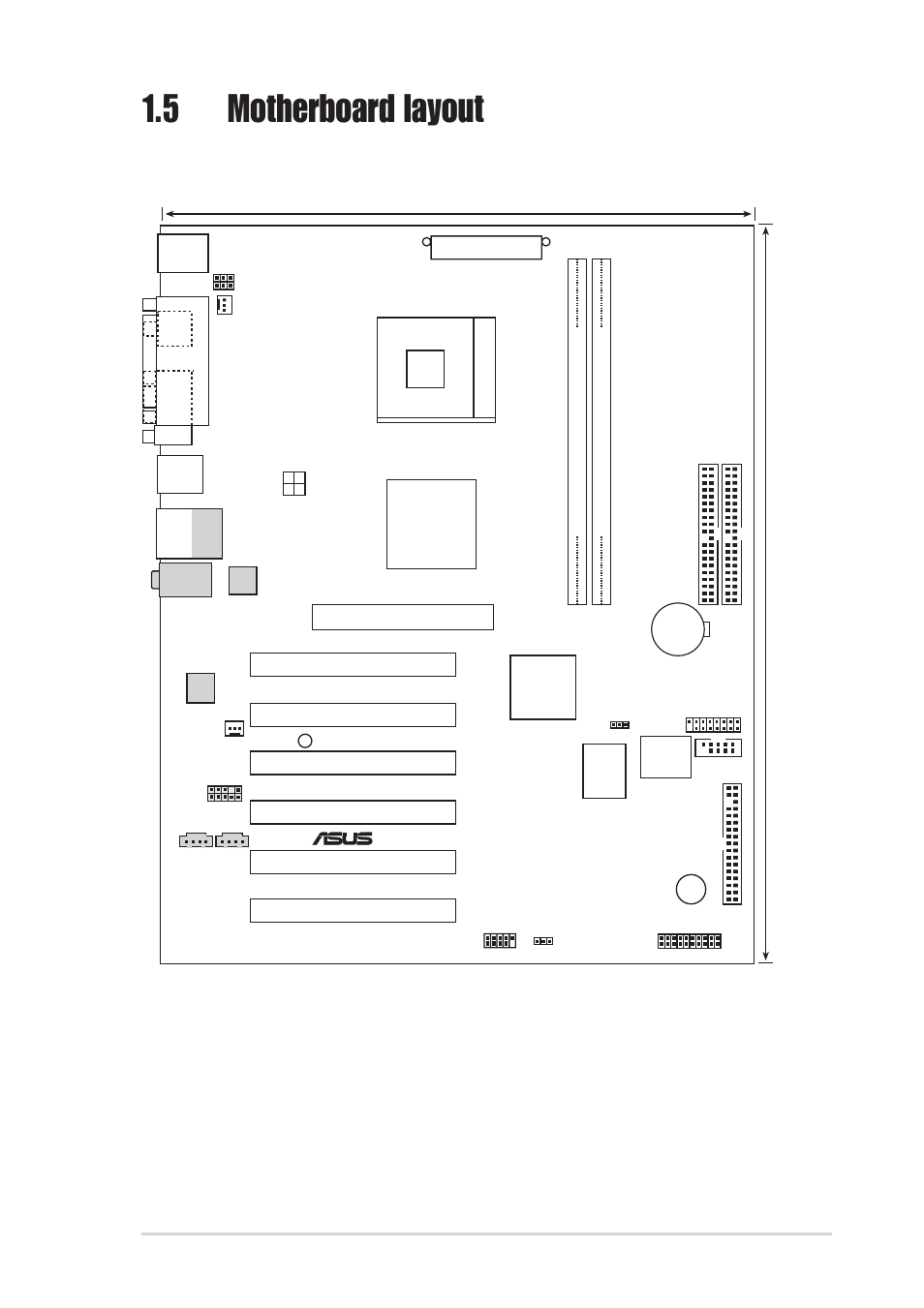 5 motherboard layout, Asus p4s-x motherboard user guide 1-7, 5cm (12.0in) | 4cm (9.6in) | Asus P4S-X User Manual | Page 17 / 64