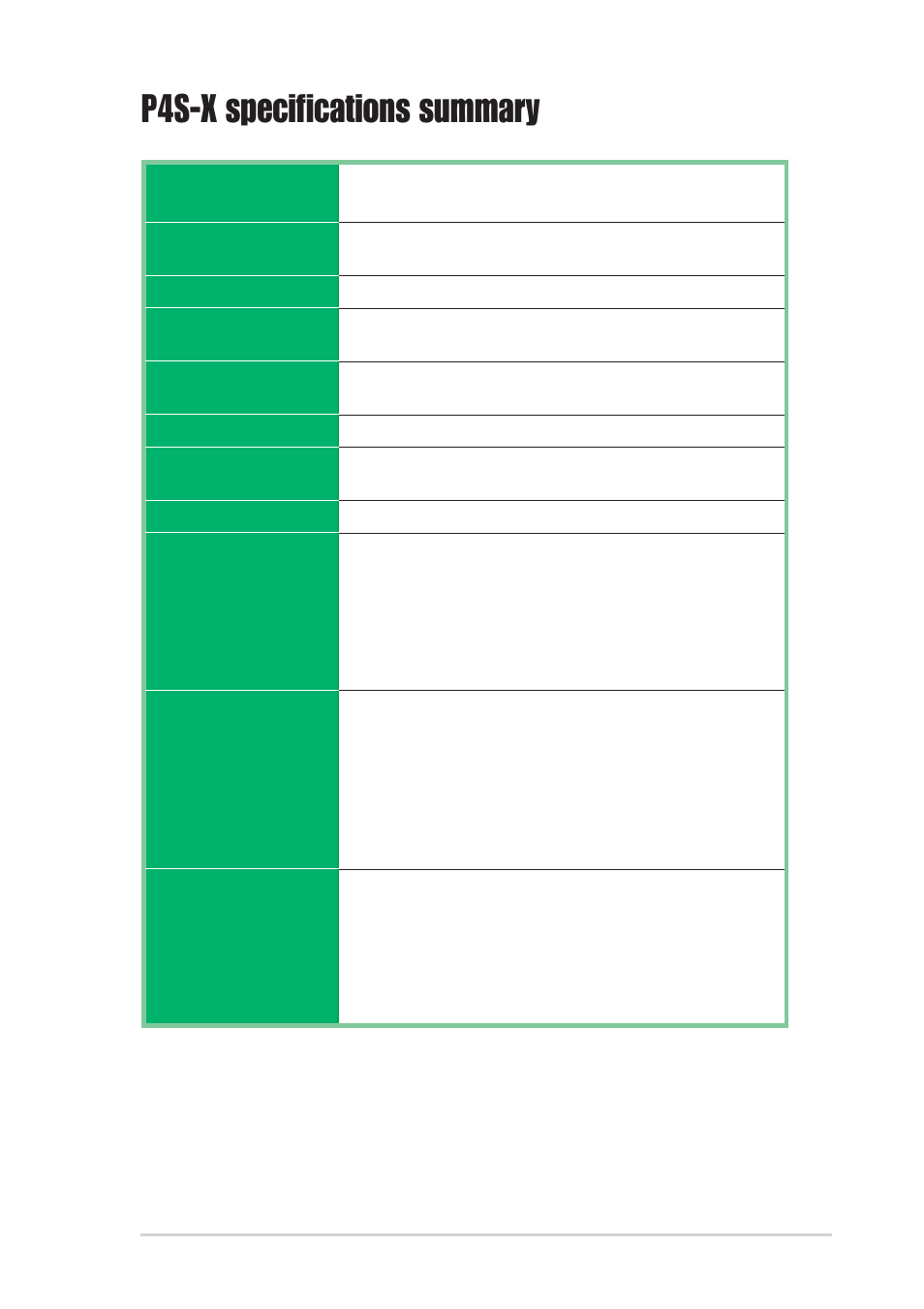 P4s-x specifications summary | Asus P4S-X User Manual | Page 9 / 64