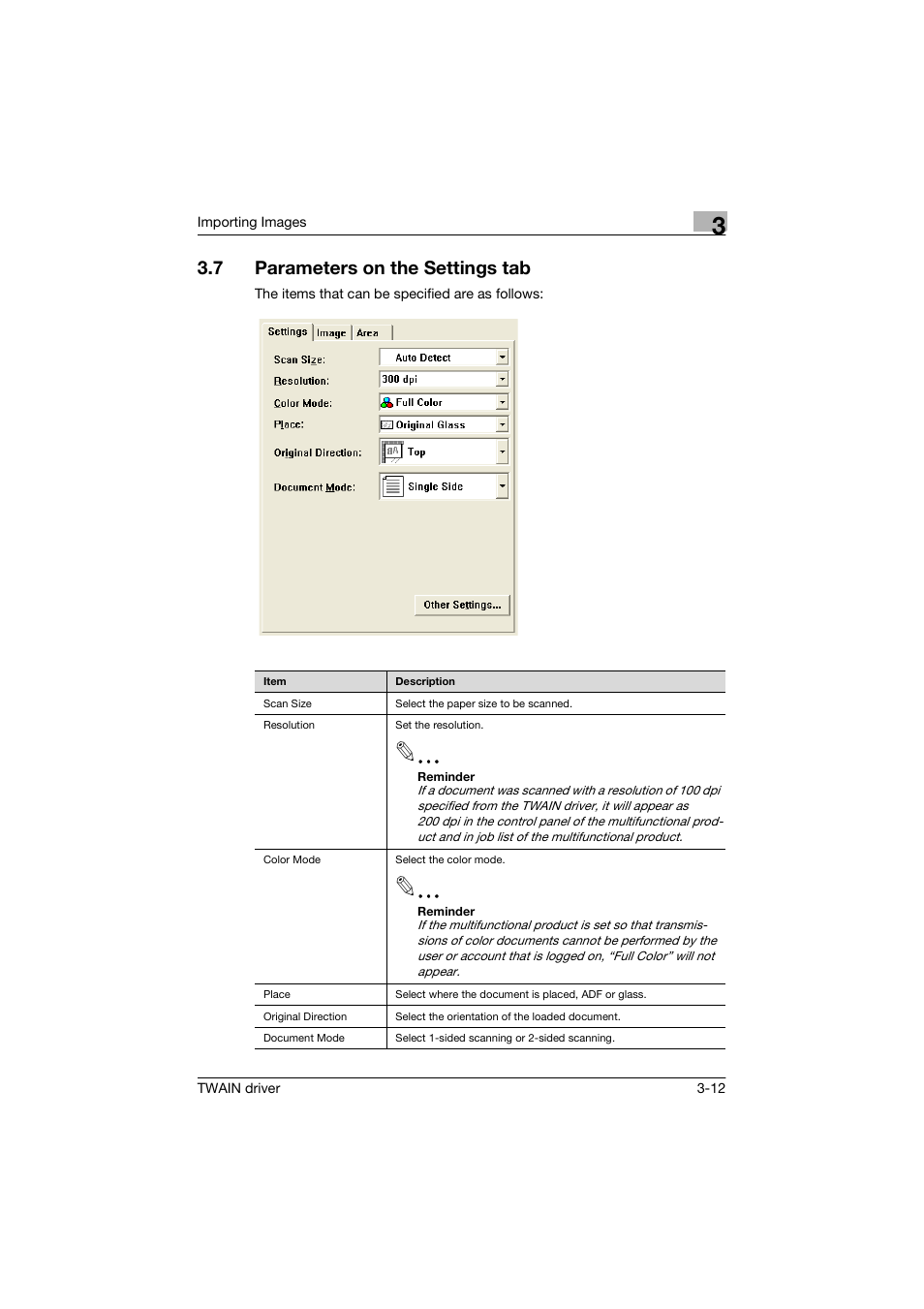 7 parameters on the settings tab, Parameters on the settings tab -12 | Konica Minolta bizhub C250 User Manual | Page 23 / 36