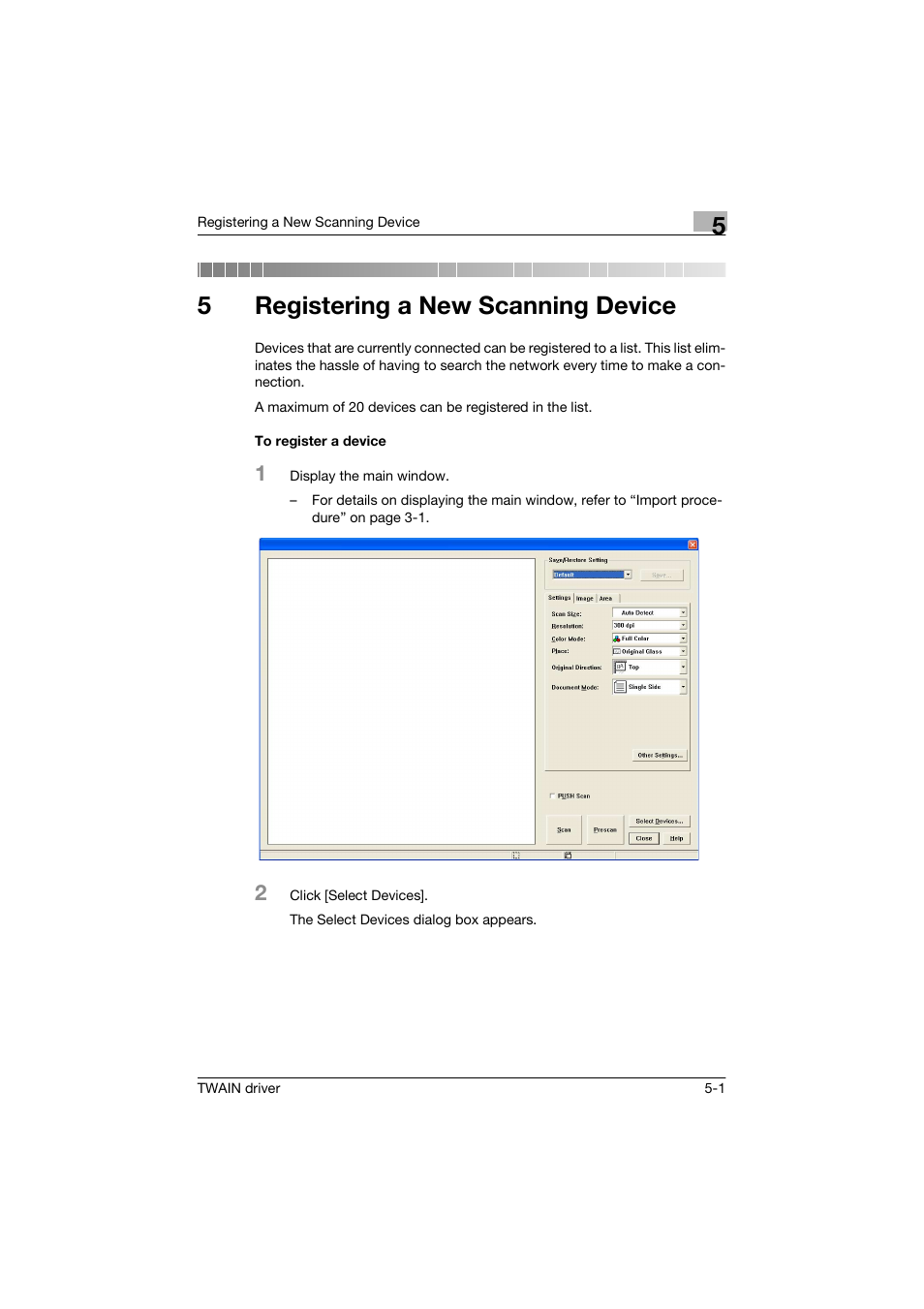 5 registering a new scanning device, To register a device, Registering a new scanning device | To register a device -1, 5registering a new scanning device | Konica Minolta bizhub C250 User Manual | Page 32 / 36