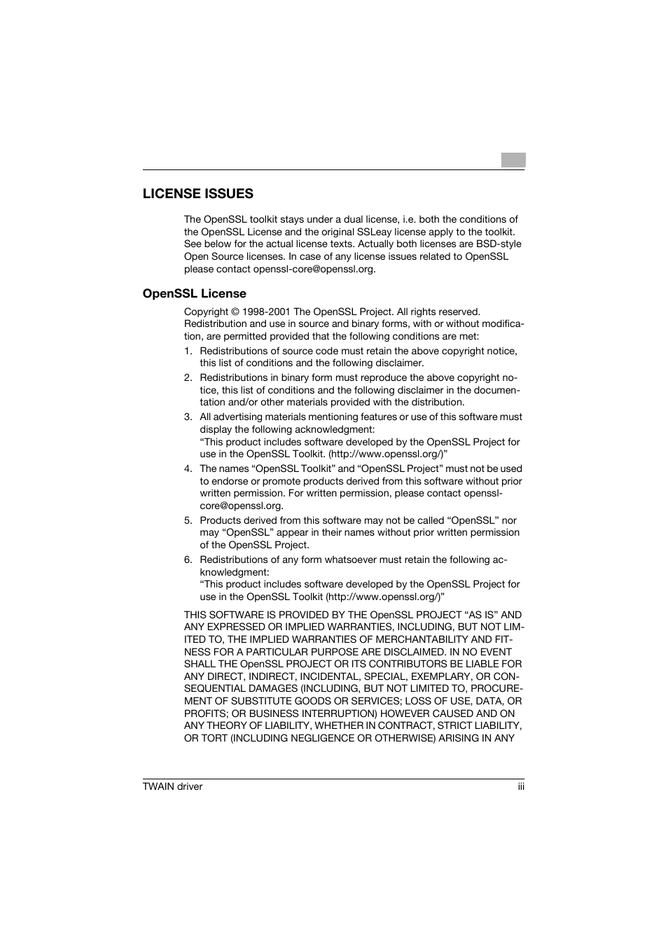 License issues | Konica Minolta bizhub C250 User Manual | Page 4 / 36