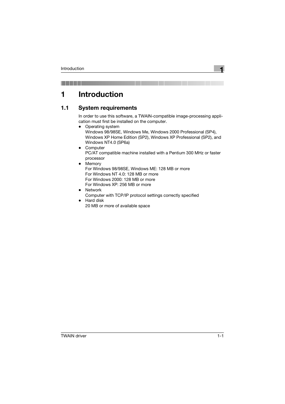 1 introduction, 1 system requirements, Introduction | System requirements -1, 1introduction | Konica Minolta bizhub C250 User Manual | Page 8 / 36