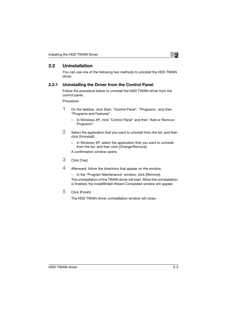 2 uninstallation, 1 uninstalling the driver from the control panel, Uninstallation -3 | Uninstalling the driver from the control panel -3 | Konica Minolta bizhub C754 User Manual | Page 13 / 42