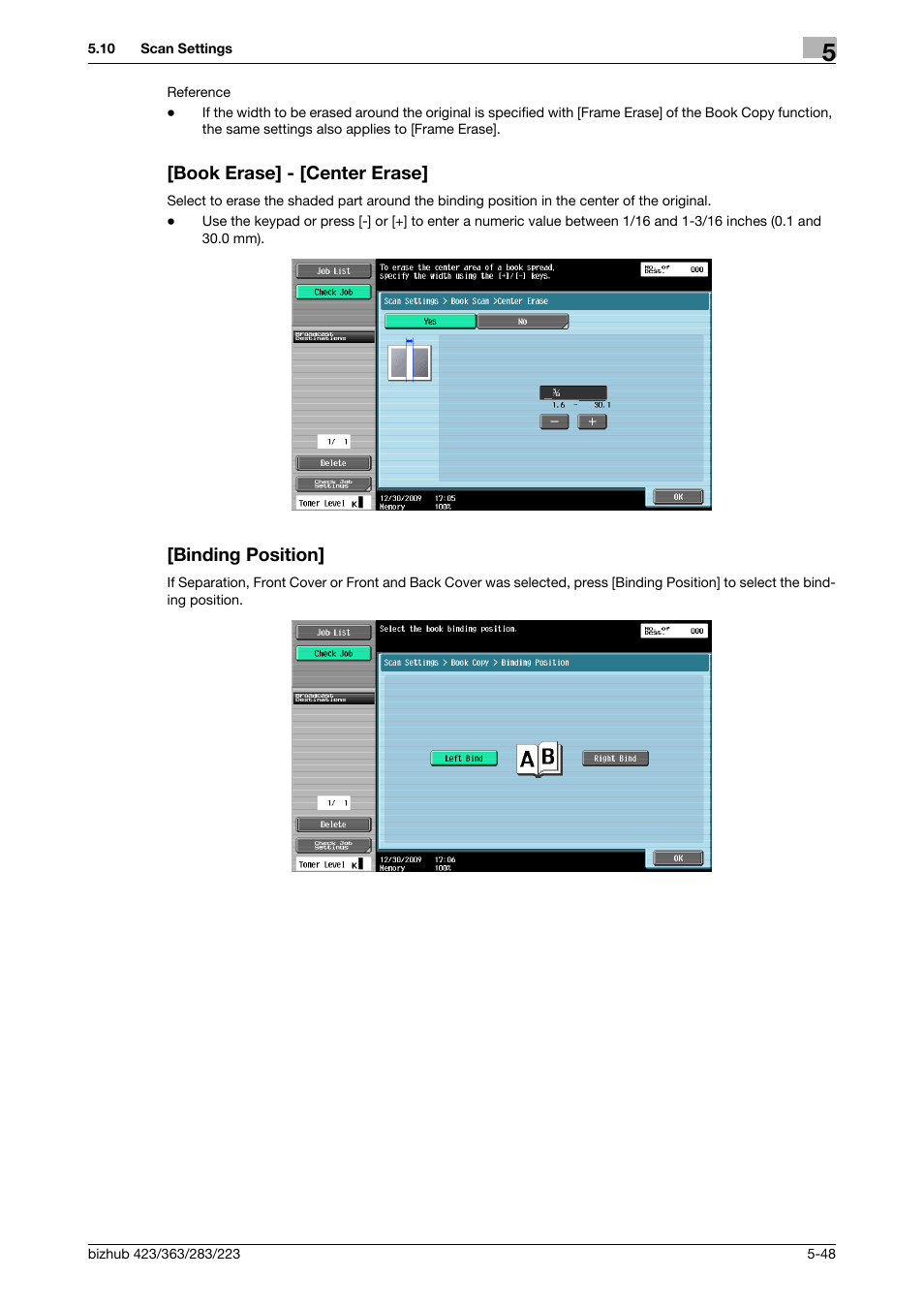 Book erase] - [center erase, Binding position | Konica Minolta BIZHUB 223 User Manual | Page 109 / 319