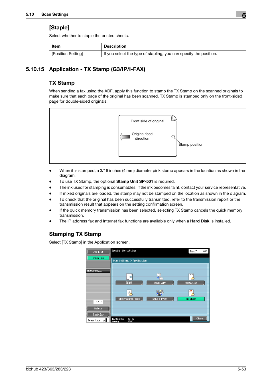 Staple, 15 application - tx stamp (g3/ip/i-fax), Tx stamp | Stamping tx stamp, Staple] -53, P. 5-53), 15 application - tx stamp (g3/ip/i-fax) tx stamp | Konica Minolta BIZHUB 223 User Manual | Page 114 / 319