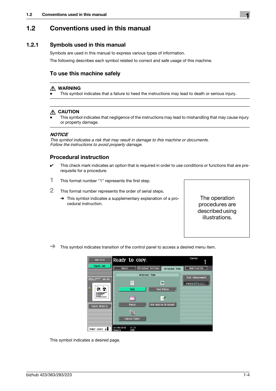 2 conventions used in this manual, 1 symbols used in this manual, To use this machine safely | Procedural instruction, Conventions used in this manual -4 | Konica Minolta BIZHUB 223 User Manual | Page 16 / 319