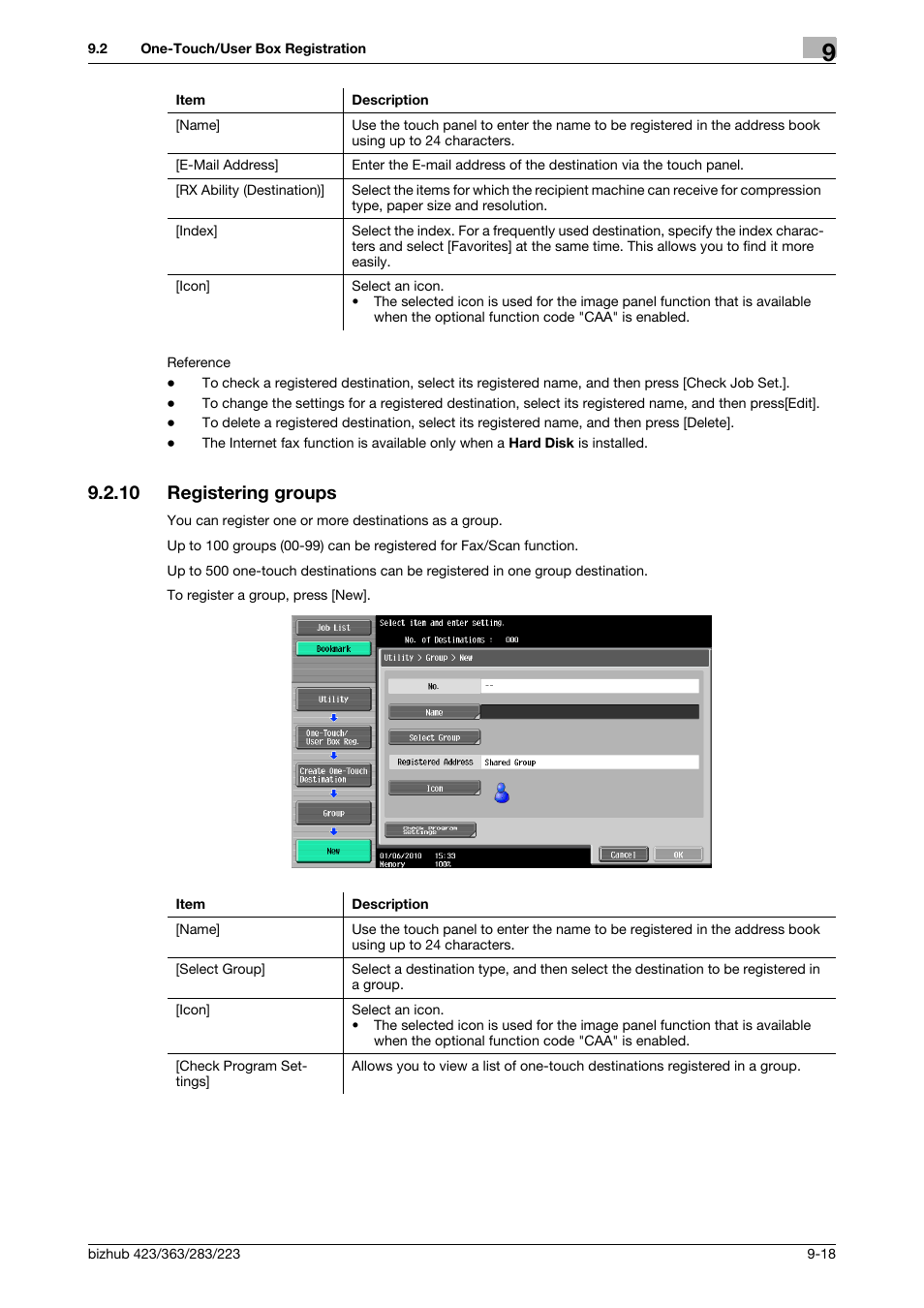 10 registering groups, Registering groups -18, Roup] (p. 9-18) | Konica Minolta BIZHUB 223 User Manual | Page 203 / 319