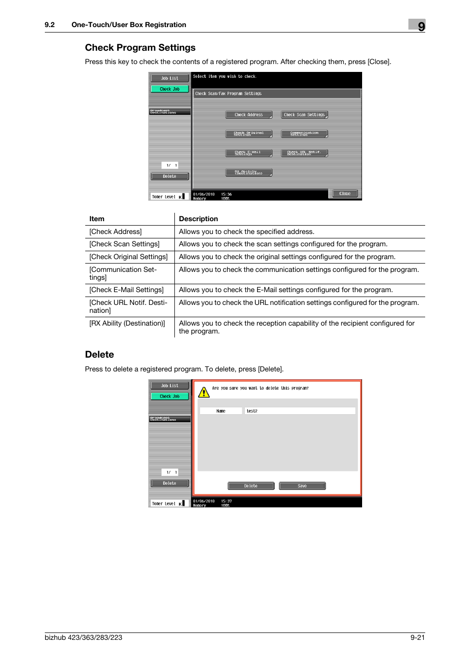 Check program settings, Delete, Check program settings -21 delete -21 | Konica Minolta BIZHUB 223 User Manual | Page 206 / 319