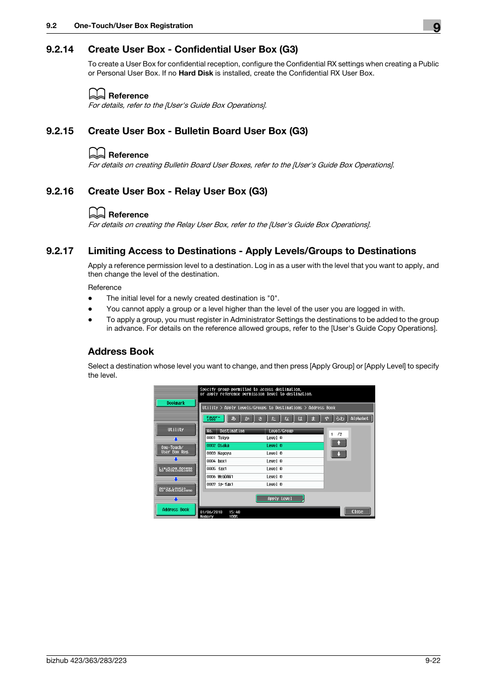 14 create user box - confidential user box (g3), 15 create user box - bulletin board user box (g3), 16 create user box - relay user box (g3) | Address book, Create user box - confidential user box (g3) -22, Create user box - bulletin board user box (g3) -22, Create user box - relay user box (g3) -22, P. 9-22), Book] (p. 9-22) | Konica Minolta BIZHUB 223 User Manual | Page 207 / 319