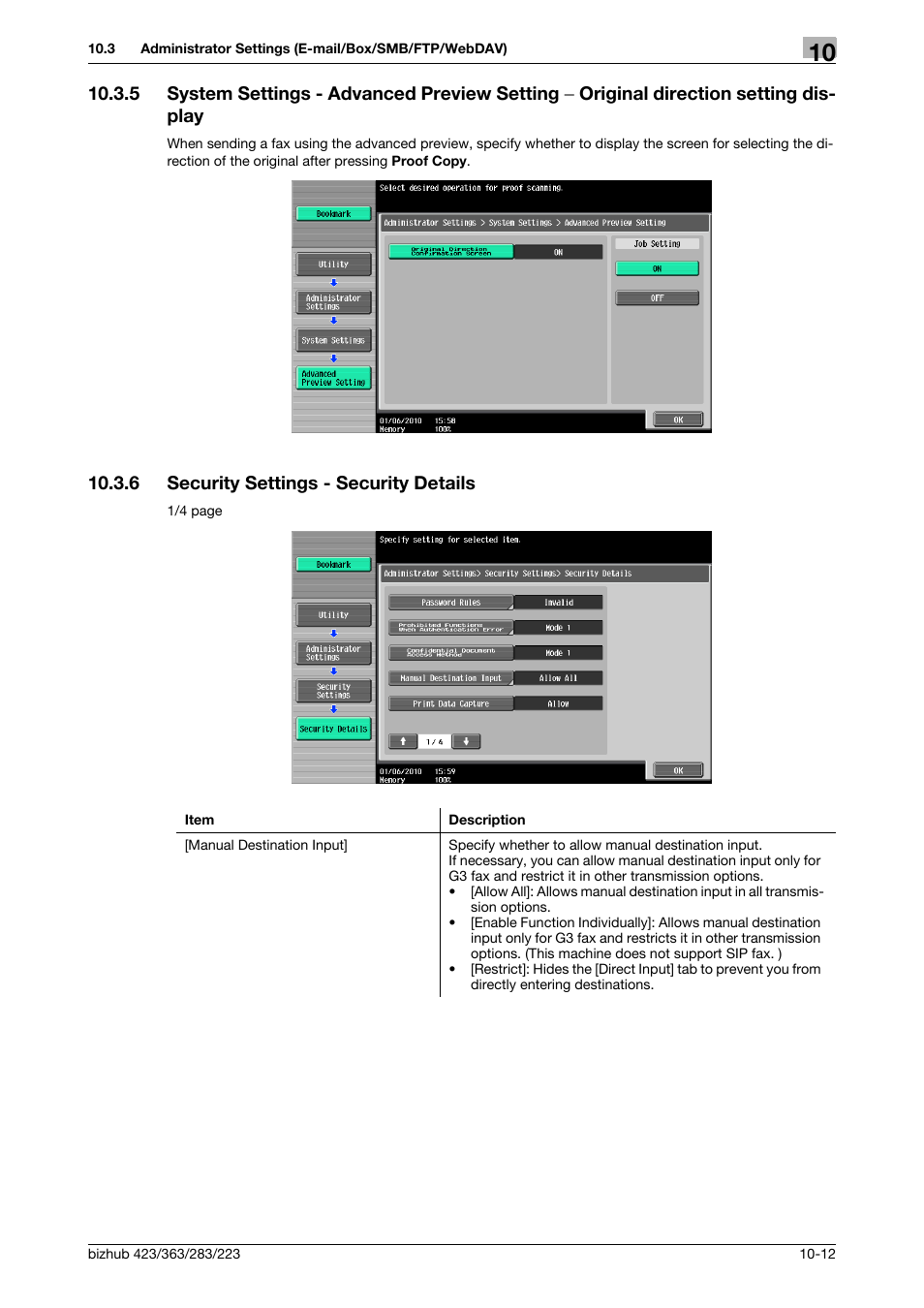 6 security settings - security details, System settings - advanced preview setting, Original direction setting display -12 | Security settings - security details -12, P. 10-12) | Konica Minolta BIZHUB 223 User Manual | Page 224 / 319