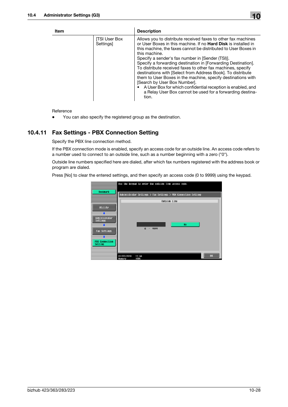 11 fax settings - pbx connection setting, Fax settings - pbx connection setting -28, Ing] (p. 10-28 | Konica Minolta BIZHUB 223 User Manual | Page 240 / 319