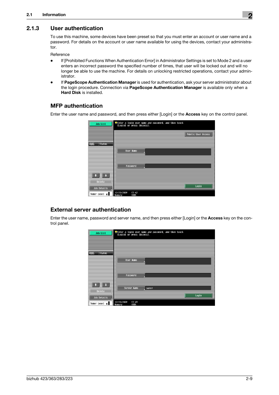 3 user authentication, Mfp authentication, External server authentication | Konica Minolta BIZHUB 223 User Manual | Page 26 / 319