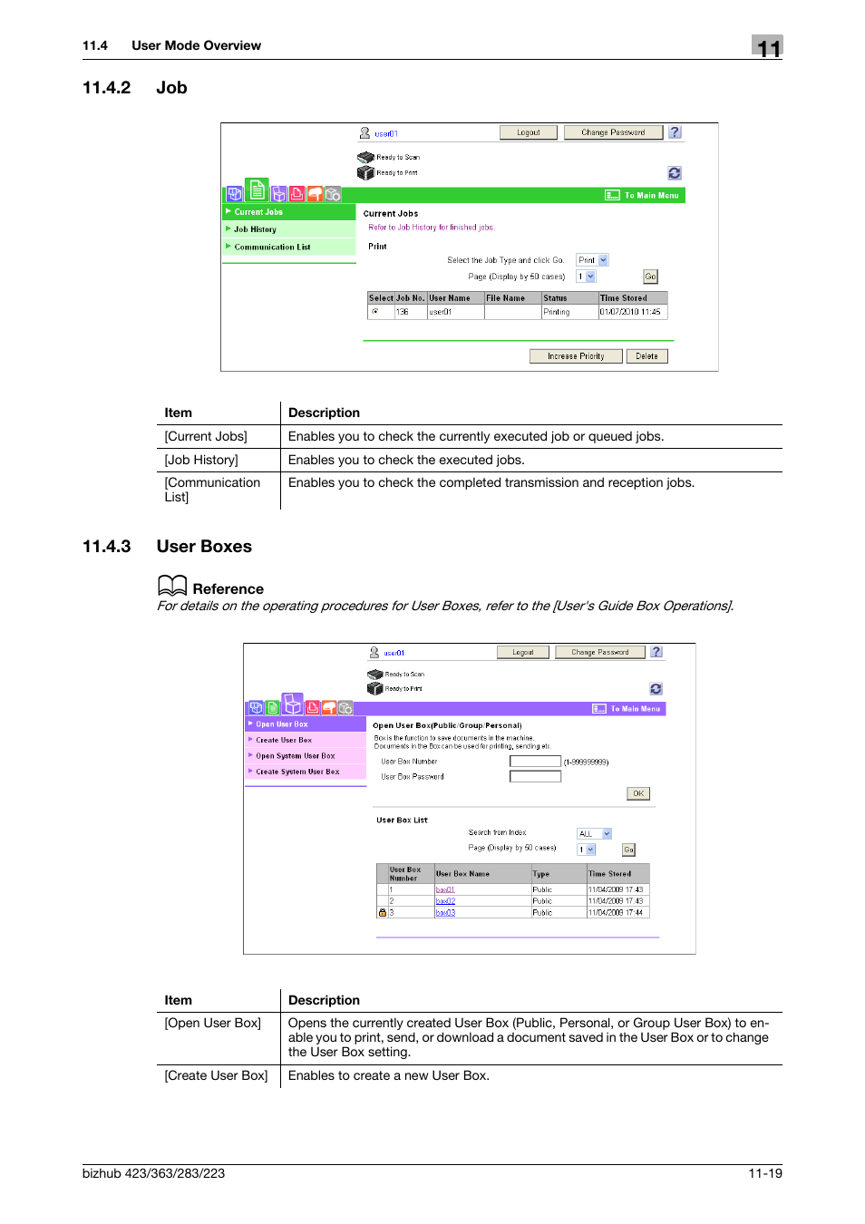 2 job, 3 user boxes, Job -19 | User boxes -19 | Konica Minolta BIZHUB 223 User Manual | Page 274 / 319