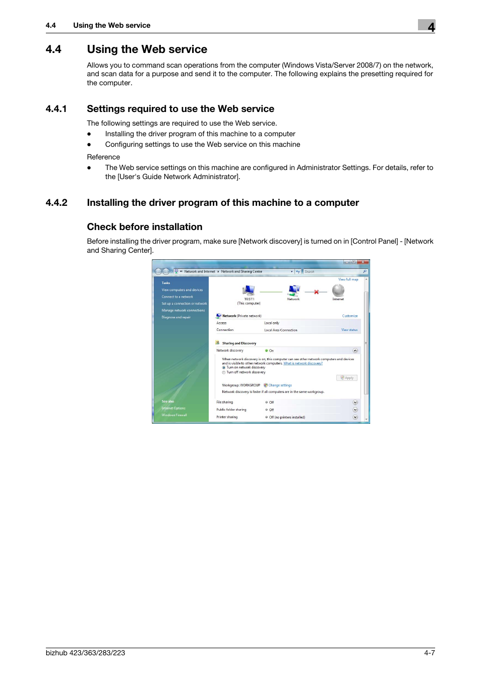 4 using the web service, 1 settings required to use the web service, Check before installation | Using the web service -7, Settings required to use the web service -7 | Konica Minolta BIZHUB 223 User Manual | Page 60 / 319