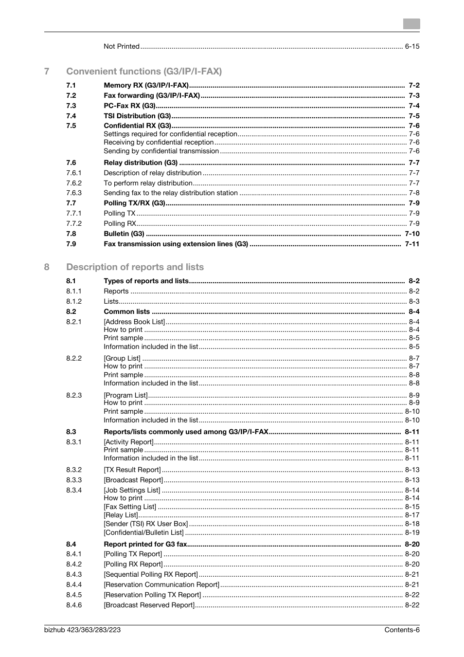 7convenient functions (g3/ip/i-fax), 8description of reports and lists | Konica Minolta BIZHUB 223 User Manual | Page 7 / 319