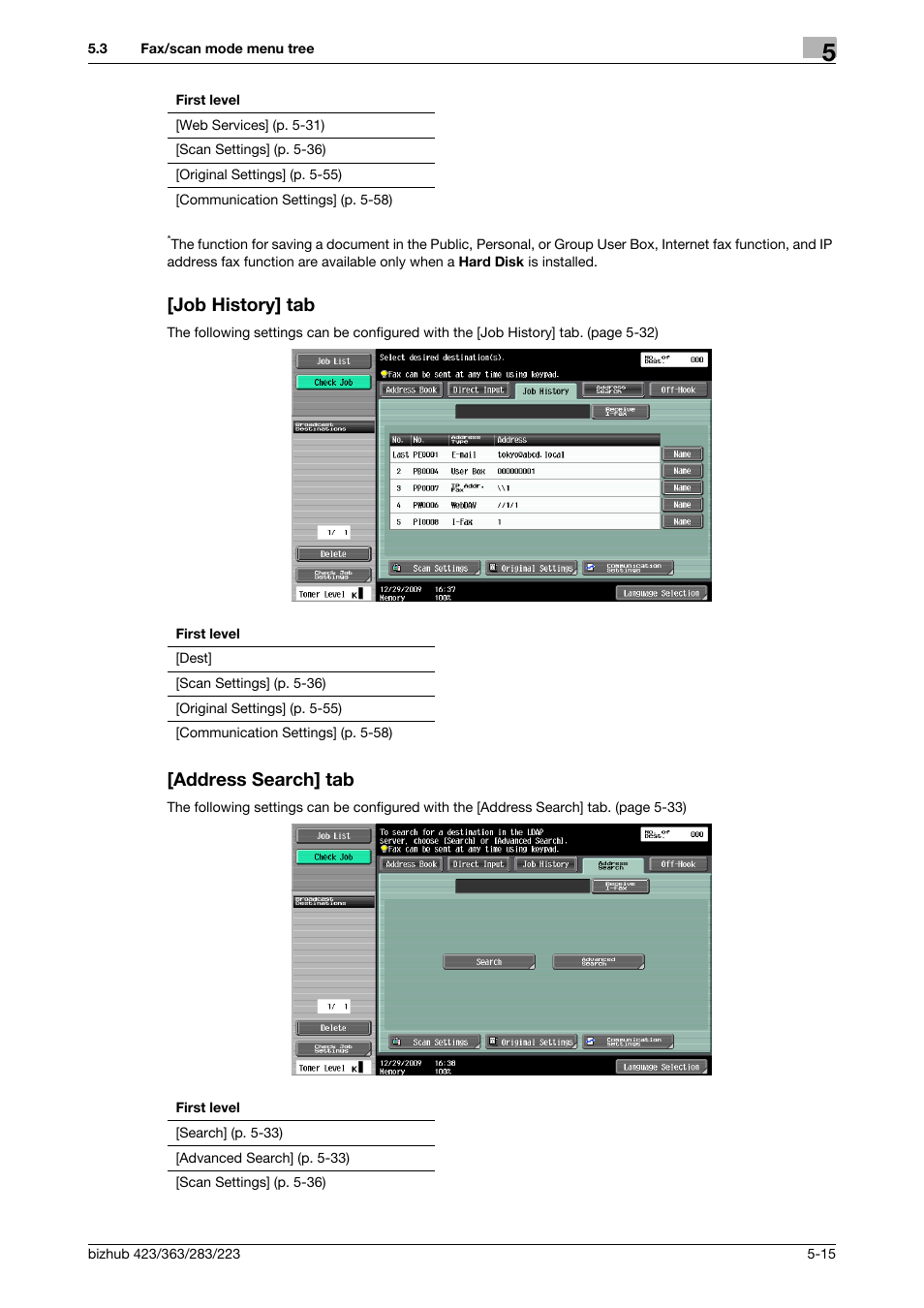 Job history] tab, Address search] tab, Job history] tab -15 [address search] tab -15 | Konica Minolta BIZHUB 223 User Manual | Page 76 / 319
