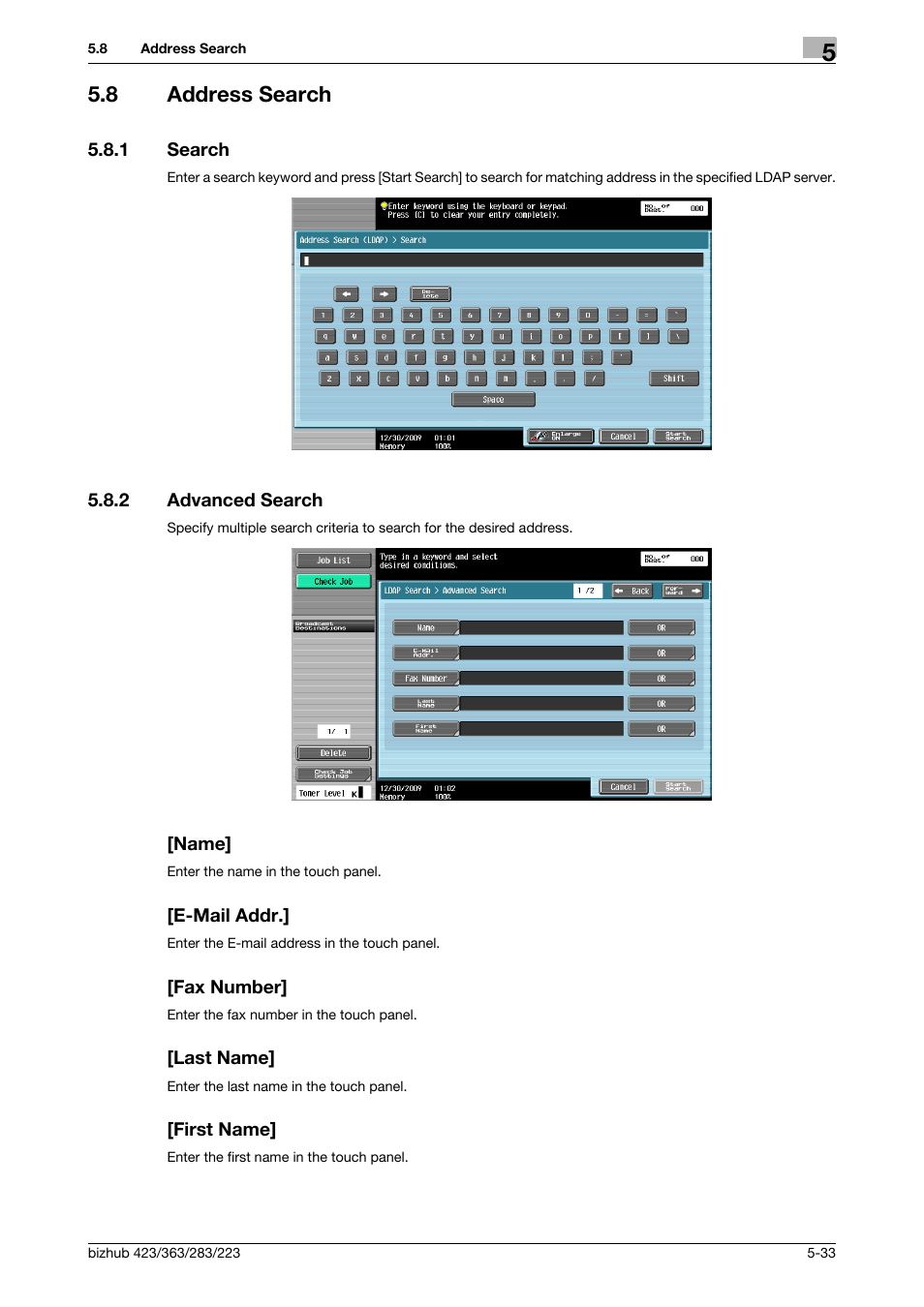 8 address search, 1 search, 2 advanced search | Name, E-mail addr, Fax number, Last name, First name, Address search -33, Search -33 | Konica Minolta BIZHUB 223 User Manual | Page 94 / 319