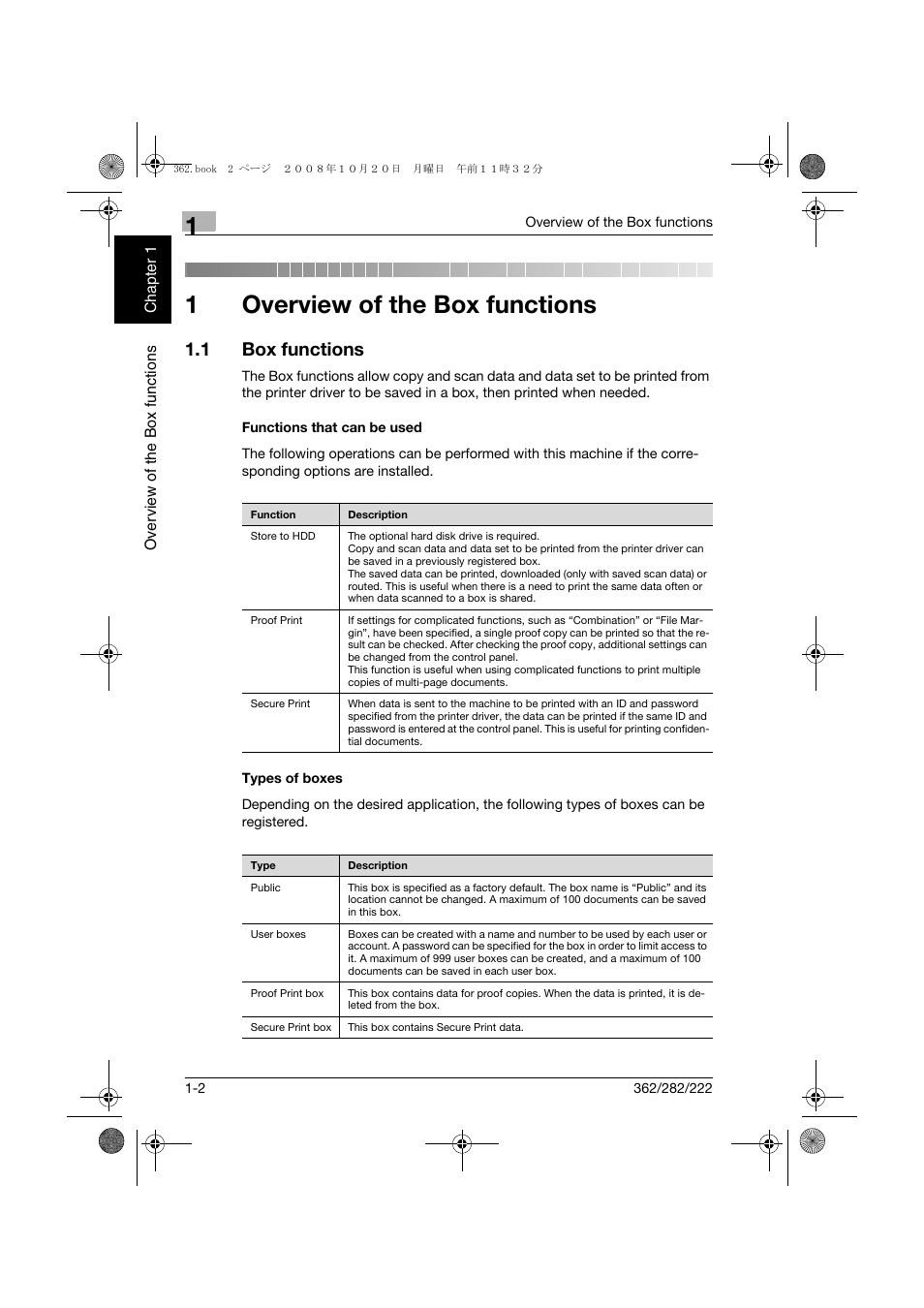 1 overview of the box functions, 1 box functions, Functions that can be used | Types of boxes, Overview of the box functions, Box functions -2, Functions that can be used -2 types of boxes -2, 1overview of the box functions | Konica Minolta bizhub 282 User Manual | Page 19 / 204