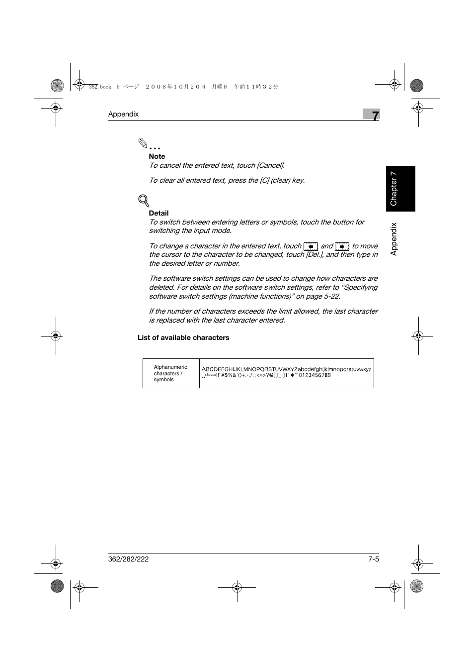 List of available characters, List of available characters -5 | Konica Minolta bizhub 282 User Manual | Page 198 / 204