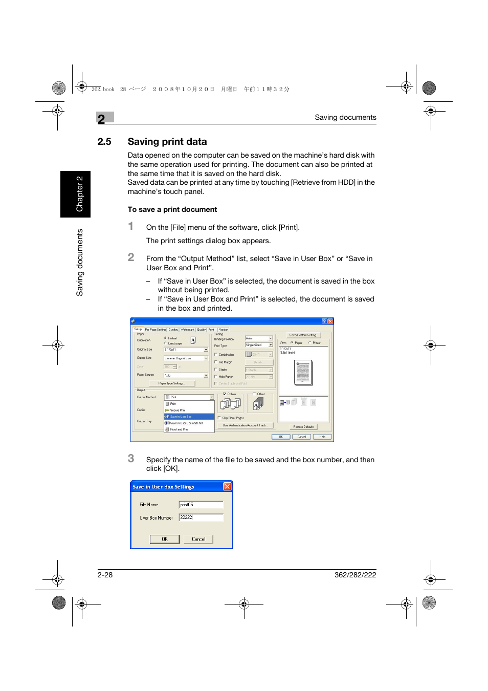 5 saving print data, To save a print document, Saving print data -28 | To save a print document -28 | Konica Minolta bizhub 282 User Manual | Page 51 / 204