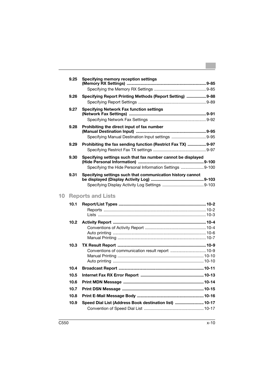 10 reports and lists | Konica Minolta bizhub C550 User Manual | Page 11 / 403