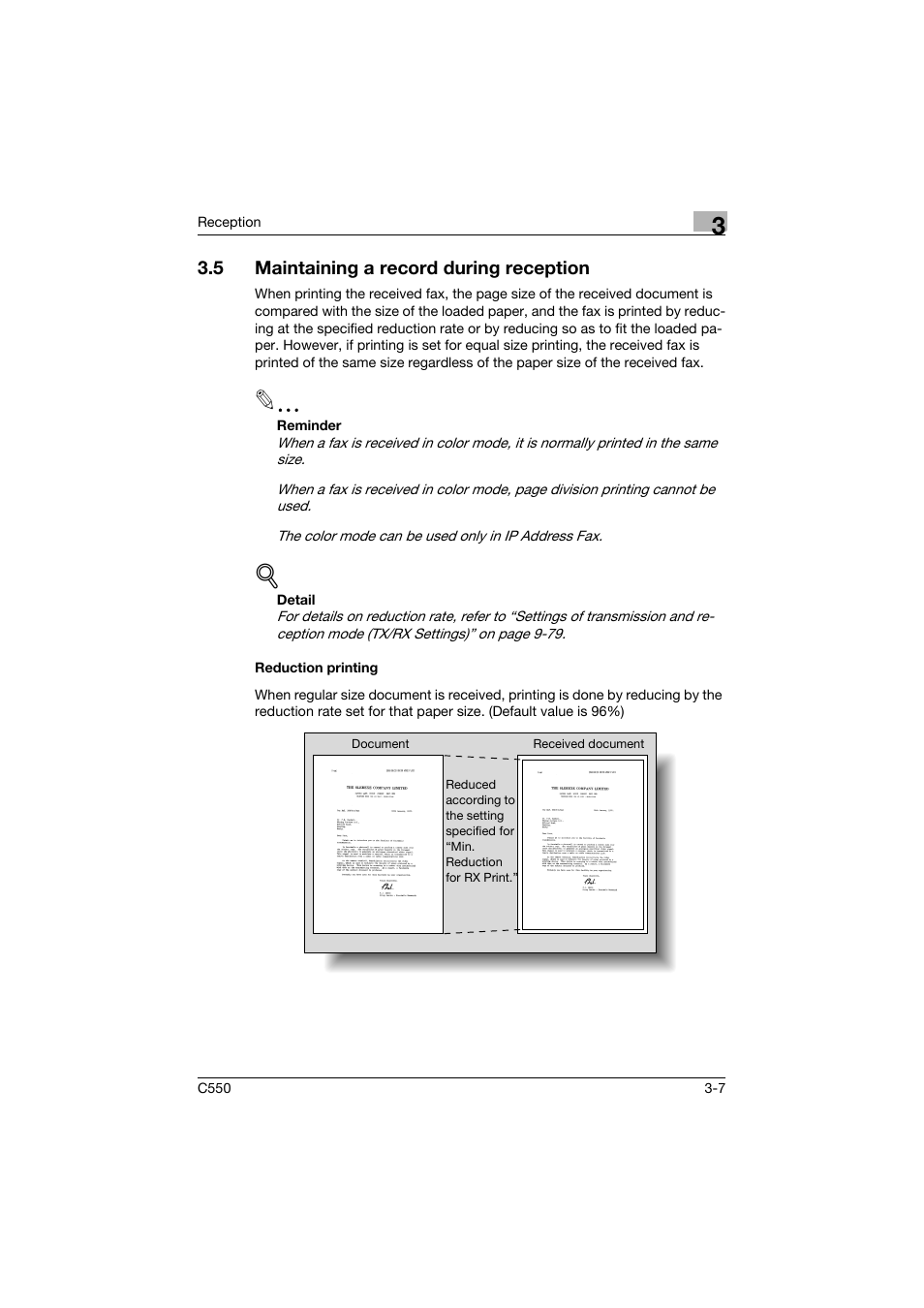 5 maintaining a record during reception, Reduction printing, Maintaining a record during reception -7 | Reduction printing -7 | Konica Minolta bizhub C550 User Manual | Page 118 / 403