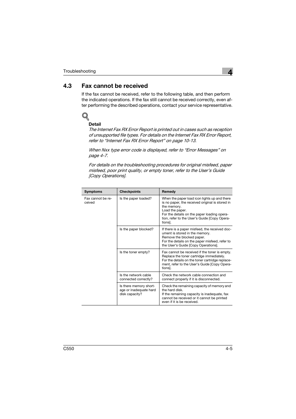 3 fax cannot be received, Fax cannot be received -5 | Konica Minolta bizhub C550 User Manual | Page 134 / 403